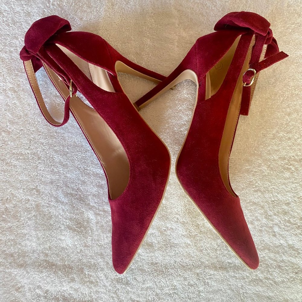 PiePieBuy D'Orsay Pumps, Pointed Toe High Heels, Ankle Strap, Bow, size 8.5